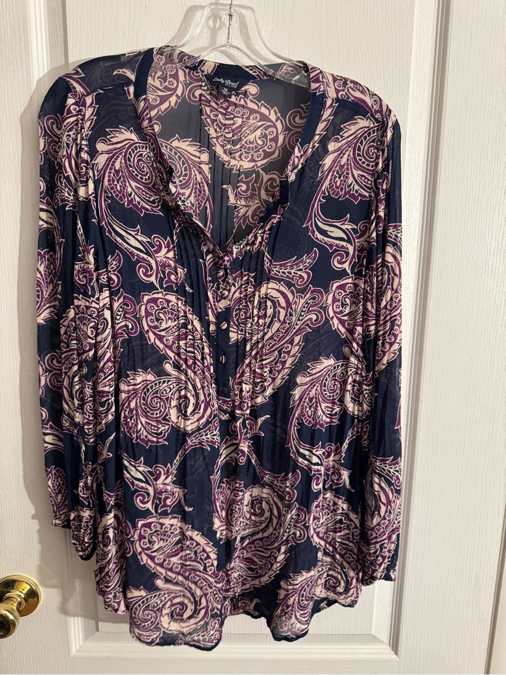 Lucky Brand Navy Paisley Button-Front Blouse with Cream & Purple Accents